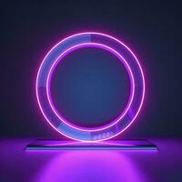 Empty neon lights round frame podium floating in the air with purple neon rings on background and hologram of digital rings on a floor, generate ai photo