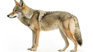A lone coyote Canis latrans isolated on white background w in the winter snow in Canada, generate ai photo