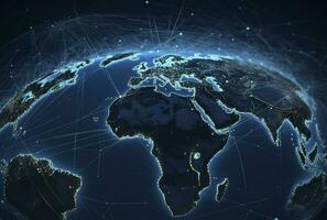 global red en tierra concepto. 3d representación, mundo mapa punto. grande datos analítica y negocio concepto, mundo mapa punto y línea composición concepto de global negocio, generar ai foto