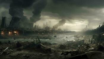 Post apocalypse. Nuclear apocalypse survivor. Ruined Cityscape. Concept. Banner size. Header, A nuclear explosion in the center of the metropolis. The beginning of apocalyptic, generate ai photo