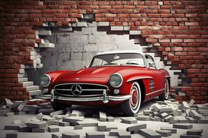 3d mural wallpaper broken wall bricks and a classic red car. world map in a colored background. for Childrens and kids bed room wallpaper, generate ai photo