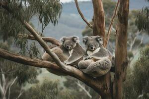 A family of koalas sleeping in the branches of a eucalyptus tree with mountains in the background, generate ai photo