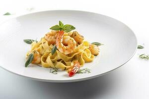 Traditional Italian tagliatelle ai gamberoni pasta with king prawns and herbs served as close-up on a design plate with copy space, generate ai photo