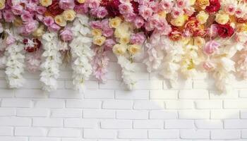 Flower texture background for wedding scene. Flowers on white brick wall with free space for text. Wedding or party decoration. Floral arrangement, floristics setting, generate ai photo