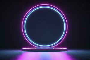 Empty neon lights round frame podium floating in the air with purple neon rings on background and hologram of digital rings on a floor, generate ai photo