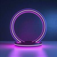 Empty neon lights round frame podium floating in the air with purple neon rings on background and hologram of digital rings on a floor, generate ai photo