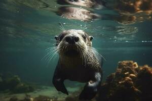 Illustration of cute otter diving underwater, generate ai photo