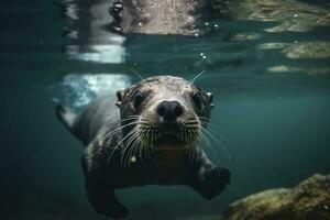 ilustración de linda nutria buceo submarino, generar ai foto