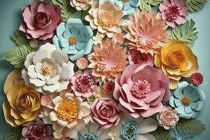 3d floral craft wallpaper. orange, rose, green and yellow flowers in light background. for kids room wall decor, generate ai photo