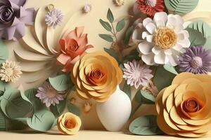 3d floral craft wallpaper. orange, rose, green and yellow flowers in light background. for kids room wall decor, generate ai photo
