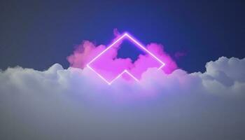 3d render, abstract minimal background with pink blue yellow neon light square frame with copy space, illuminated stormy clouds, glowing geometric shape, generate ai photo