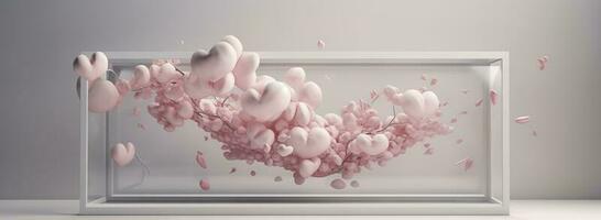 heart shape sculpture with pink flowers in a white frame, in the style of motion blur panorama, kawaii manga, photo bashing, sony alpha a1, detailed character design, bulbous, generate ai