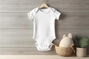 White baby short sleeve bodysuit mockup in minimal interior. Blank gender neutral newborn bodysuit mock up template. image. photo