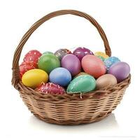 Easter basket filled with colorful eggs isolated on white background, generate ai photo