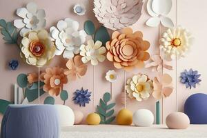 3d floral craft wallpaper. orange, rose, green and yellow flowers in light background. for kids room wall decor, generate ai photo