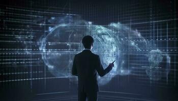 Digital marketing, global business, cloud computing, digital technology, software development concept. Businessman using tablet with internet global network connection, generate ai photo