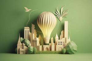 Paper cut of light bulb with green eco city , Renewable energy by 2050 Carbon neutral energy or greenhouse gas emission CO2 , Save energy creative idea concept , photo