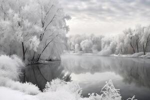 A winter wonderland with a serene and peaceful atmosphere. The scene showcases a winter landscape with snow-covered trees and frozen lake. The sky is painted in light blue and pink hues. photo