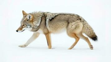 A lone coyote Canis latrans isolated on white background walking and hunting in the winter snow in Canada, generate ai photo