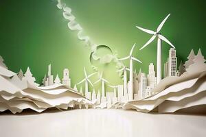 Paper art, renewable energy with green energy such as wind turbines, Renewable energy by 2050 Carbon neutral energy, Energy consumption, and CO2, Reduce CO2 emission concept, generate ai photo