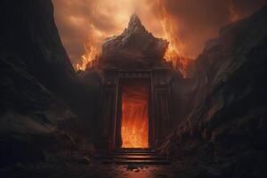 illustration of sinful curse hell gate with smoke and flame photo