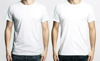 Men's white blank T-shirt, template, from two sides, isolated on white background, generate ai photo