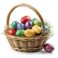 Easter basket filled with colorful eggs isolated on white background, generate ai photo