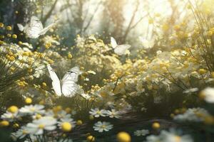 abstract nature spring Background. spring flower and butterfly, generate ai photo