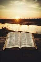 biblia, mujer leyendo desde el santo Biblia, generar ai foto