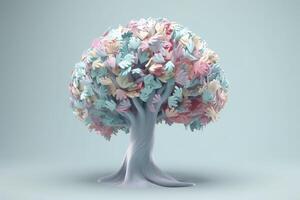Human brain tree with flowers, self care and mental health concept, positive thinking, creative mind, photo