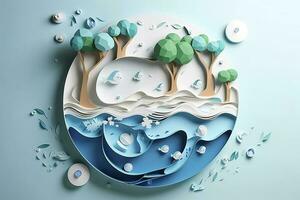 Paper art , Ecology and world water day , Saving water and world Environment day, environmental protection and save earth water , Generate Ai photo