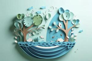 Paper art , Ecology and world water day , Saving water and world Environment day, environmental protection and save earth water , Generate Ai photo