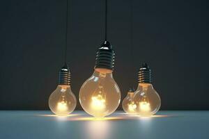 Light bulb idea. 3d render light bulb shines next to the extinguished ones. Leadership, inspiration, right decision and energy saving concept, generate ai photo