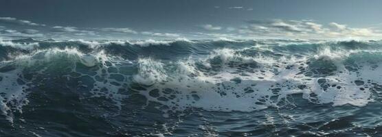 aerial view of huge waves in blue ocean, in the style of textural explorations, fluid gestures, unreal engine, generate ai photo