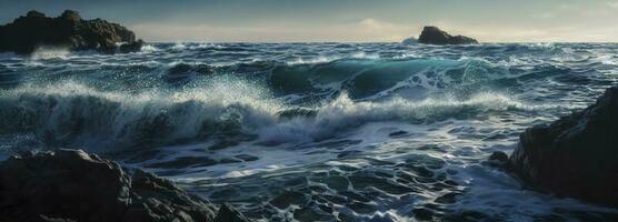 aerial view of huge waves in blue ocean, in the style of textural explorations, fluid gestures, unreal engine, generate ai photo