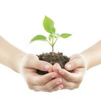 Environment Earth Day In the Tree plant in woman hand isolated on white background. Forest conservation concept, concept eco earth day. Saving the environment, ecology concept, generate ai photo
