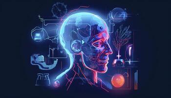 Artificial intelligence, a humanoid cyber human with a neural network thinks. AI concept of big data or cyber security. Chat GPT concept. AI with a digital brain processes big data. photo