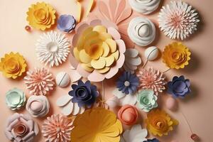 3d floral craft wallpaper. orange, rose, green and yellow flowers in light background. for kids room wall decor, generate ai photo