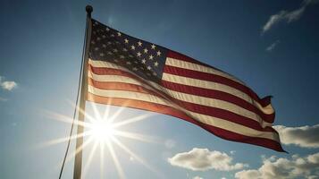 Backlit us national flag flying and waving in the wind over gray stormy cloudy sky, symbol of american patriotism, low angle, generate ai photo