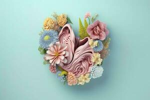 Human Stomach with flowers, pastel colors, on blue background, 3d render and illustration, generate ai photo