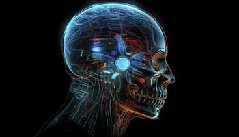 Artificial intelligence, a humanoid cyber human with a neural network thinks. AI concept of big data or cyber security. Chat GPT concept. AI with a digital brain processes big data. photo