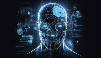 Artificial intelligence, a humanoid cyber human with a neural network thinks. AI concept of big data or cyber security. Chat GPT concept. AI with a digital brain processes big data. photo