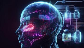 Artificial intelligence, a humanoid cyber human with a neural network thinks. AI concept of big data or cyber security. Chat GPT concept. AI with a digital brain processes big data. photo