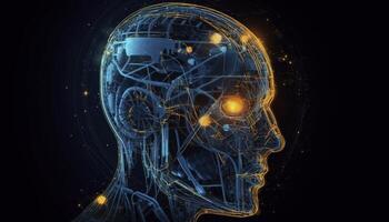 Artificial intelligence, a humanoid cyber human with a neural network thinks. AI concept of big data or cyber security. Chat GPT concept. AI with a digital brain processes big data. photo