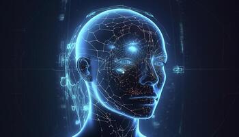 Artificial intelligence, a humanoid cyber human with a neural network thinks. AI concept of big data or cyber security. Chat GPT concept. AI with a digital brain processes big data. photo