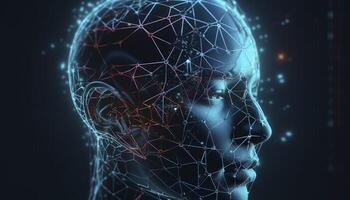 Artificial intelligence, a humanoid cyber human with a neural network thinks. AI concept of big data or cyber security. Chat GPT concept. AI with a digital brain processes big data. photo