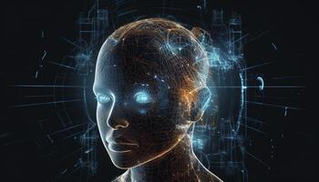 Artificial intelligence, a humanoid cyber human with a neural network thinks. AI concept of big data or cyber security. Chat GPT concept. AI with a digital brain processes big data. photo