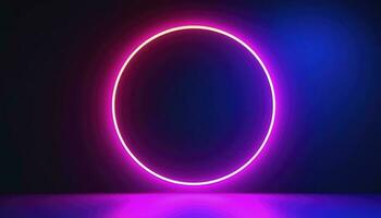 3d render, blue pink neon round frame, circle, ring shape, empty space, ultraviolet light, 80s retro style, fashion show stage, abstract background, generate ai photo