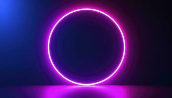 3d render, blue pink neon round frame, circle, ring shape, empty space, ultraviolet light, 80s retro style, fashion show stage, abstract background, generate ai photo