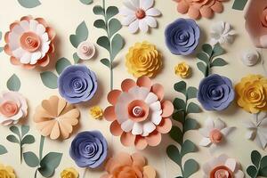 3d floral craft wallpaper. orange, rose, green and yellow flowers in light background. for kids room wall decor, generate ai photo